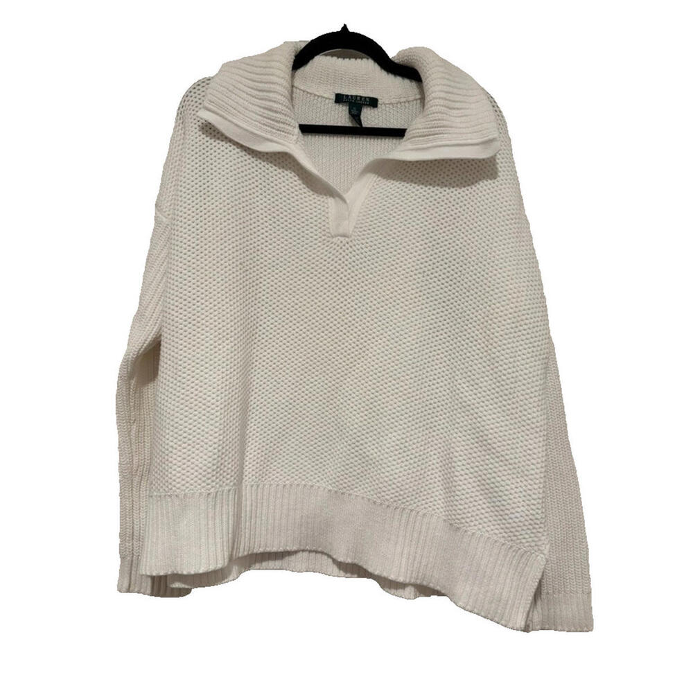 Lauren Ralph Lauren sz XL white cotton blend‎ chunky V neck white sweater#3081